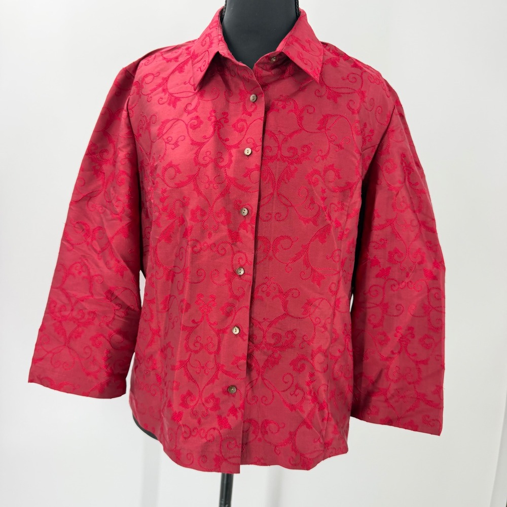 Ann Taylor LOFT Blouse Size L Red Silk Jacquard Y2K Office Siren Holiday
